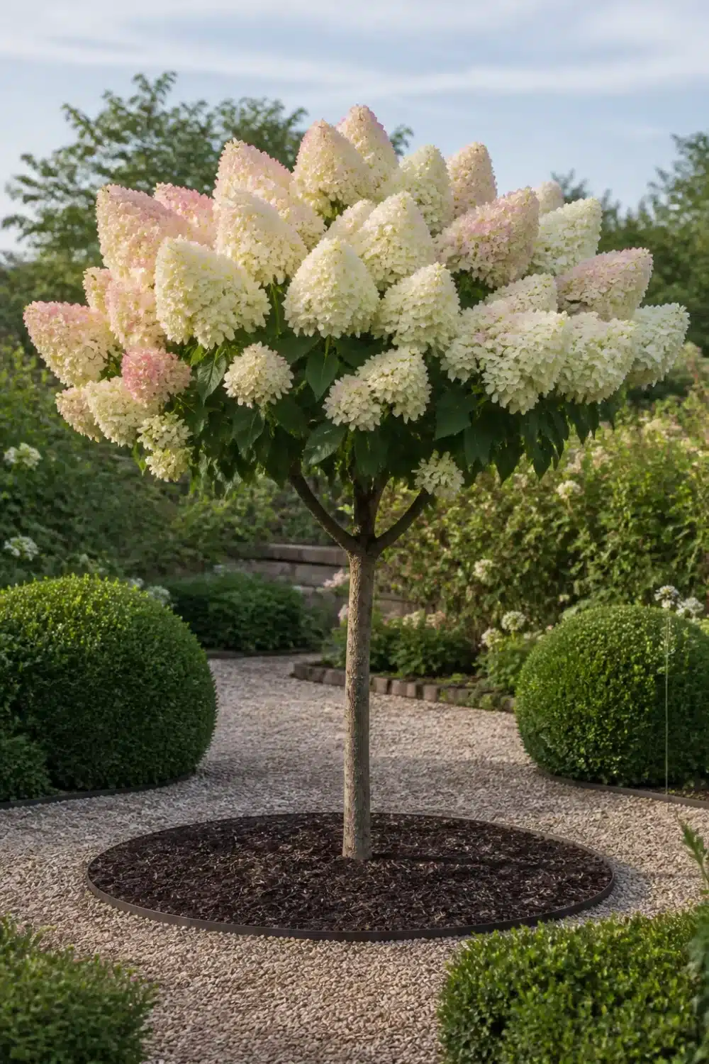 Limelight hydrangea landscaping as a standard tree form with creamy pink cone blooms over a gravel garden circle