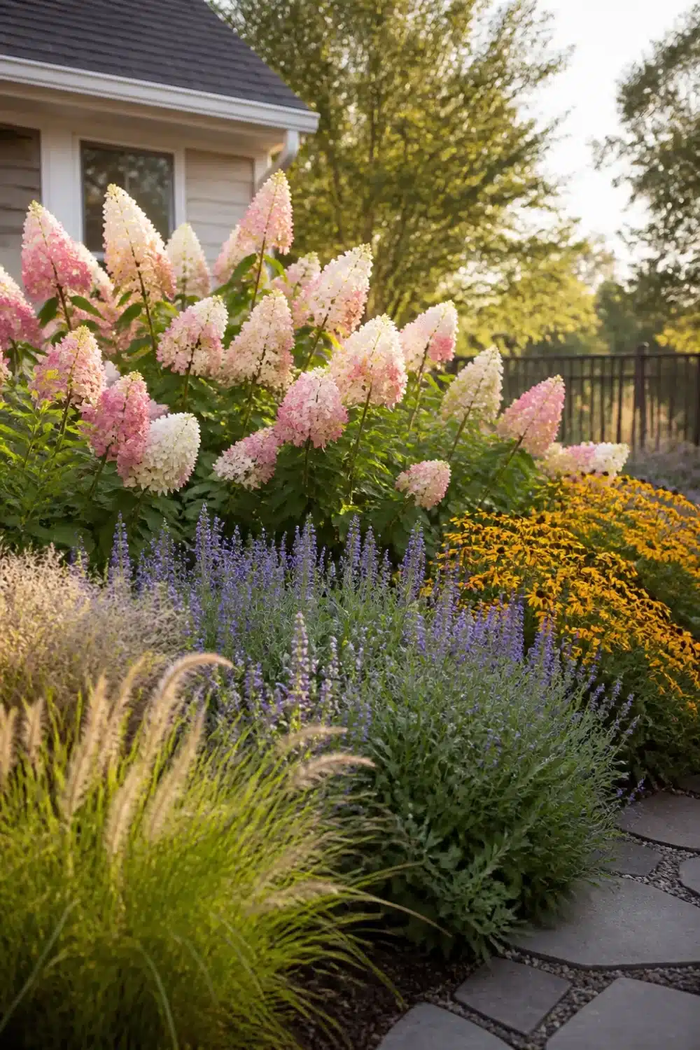 Limelight hydrangea landscaping in a mixed perennial border with salvia, black-eyed Susans, and ornamental grass.