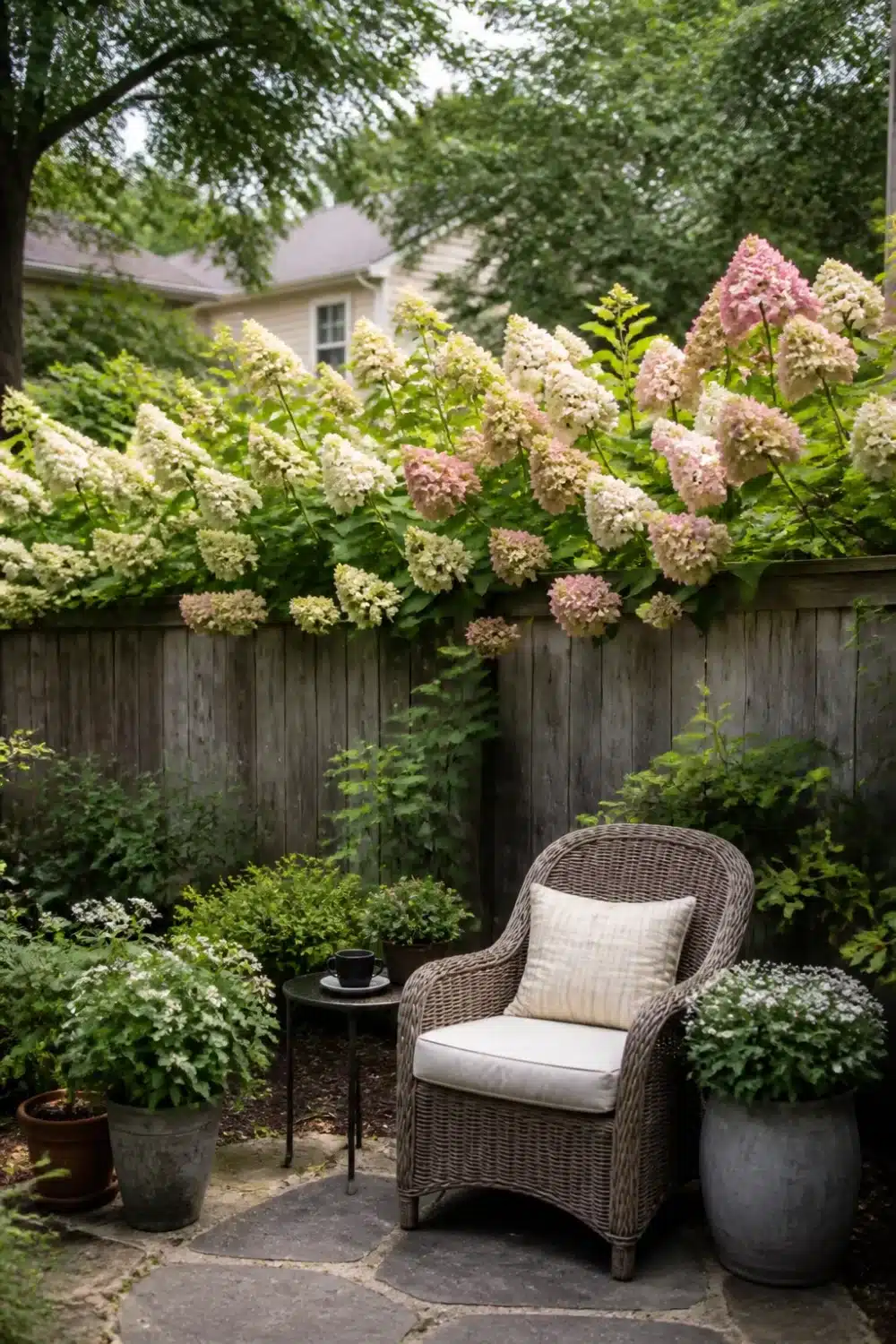 Limelight hydrangea landscaping along a wood fence with creamy white and pink cone blooms above a wicker garden chair.