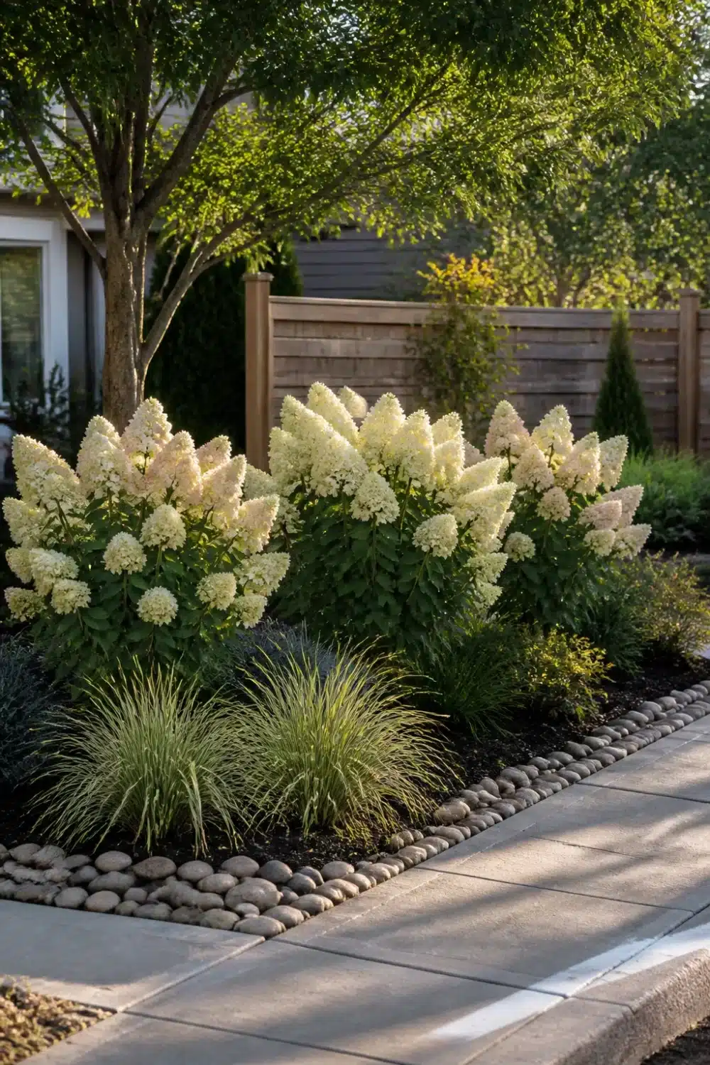 Limelight Hydrangea Landscaping with creamy cone blooms, ornamental grass, and river rock border edging in a front yard bed.