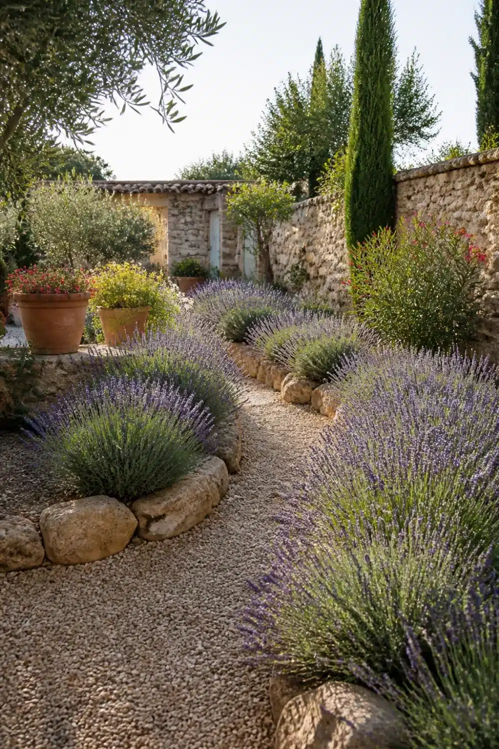 Mediterranean garden design with lavender mounds, gravel path, and limestone edging in a walled stone courtyard.