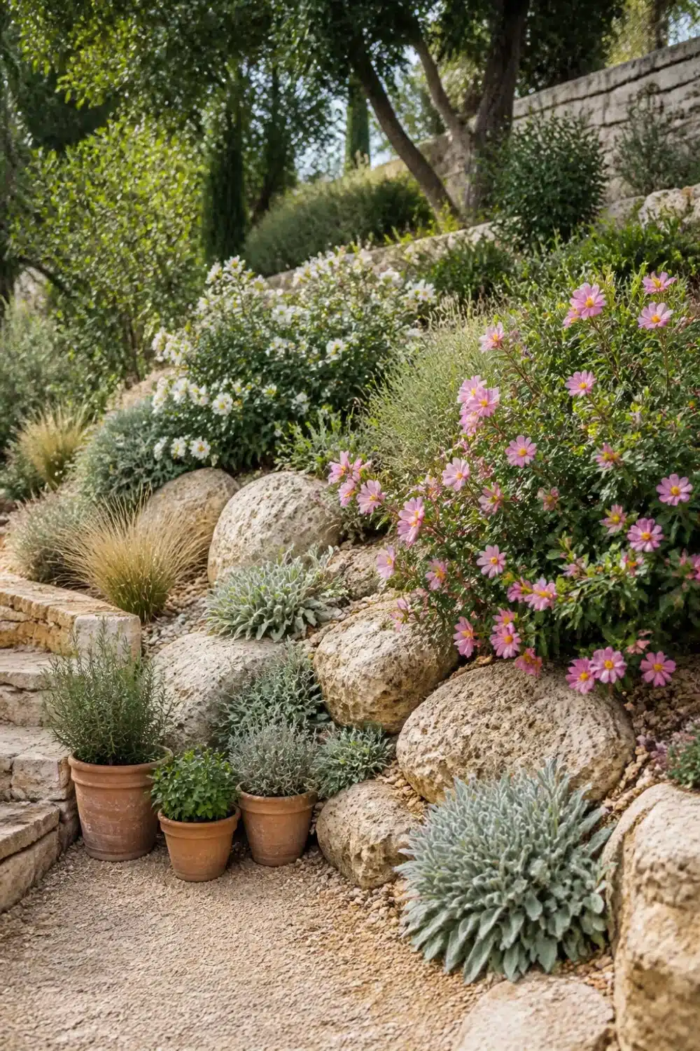 Mediterranean garden design with pink cistus, large boulders, silver drought-tolerant plants & terracotta pots on a gravel slope