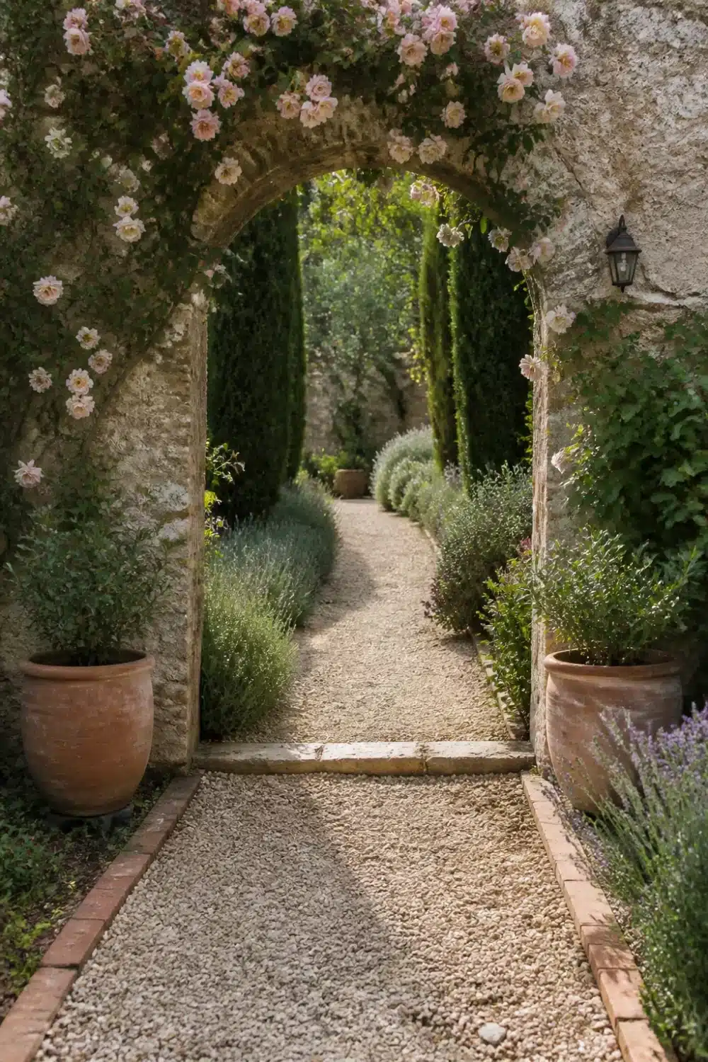 Stone archway covered in blush climbing roses leading to a gravel path in a Mediterranean garden design.