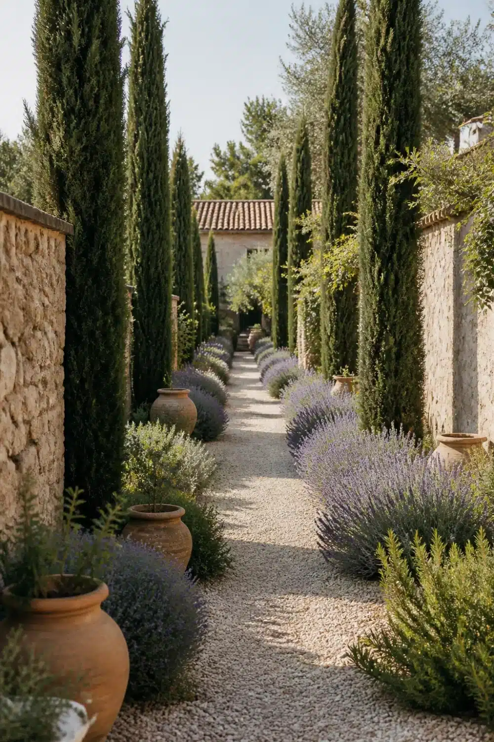 Mediterranean garden design with tall cypress avenue, gravel path, lavender, and warm limestone walls