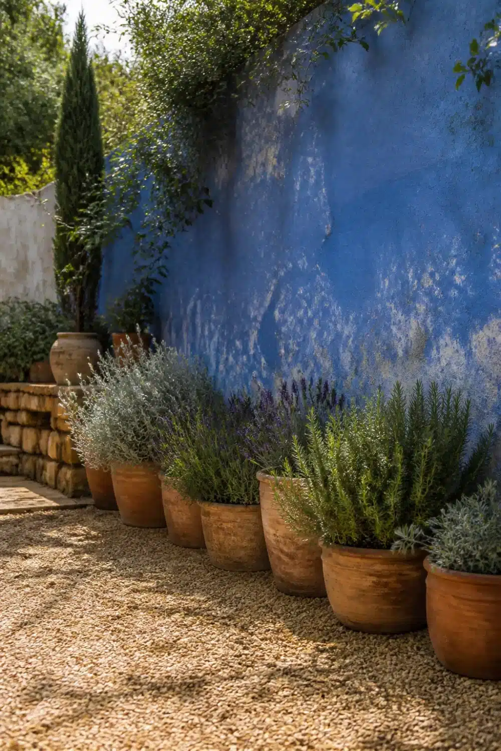 Blue stucco wall with terracotta pots of rosemary and lavender in a Mediterranean garden design.