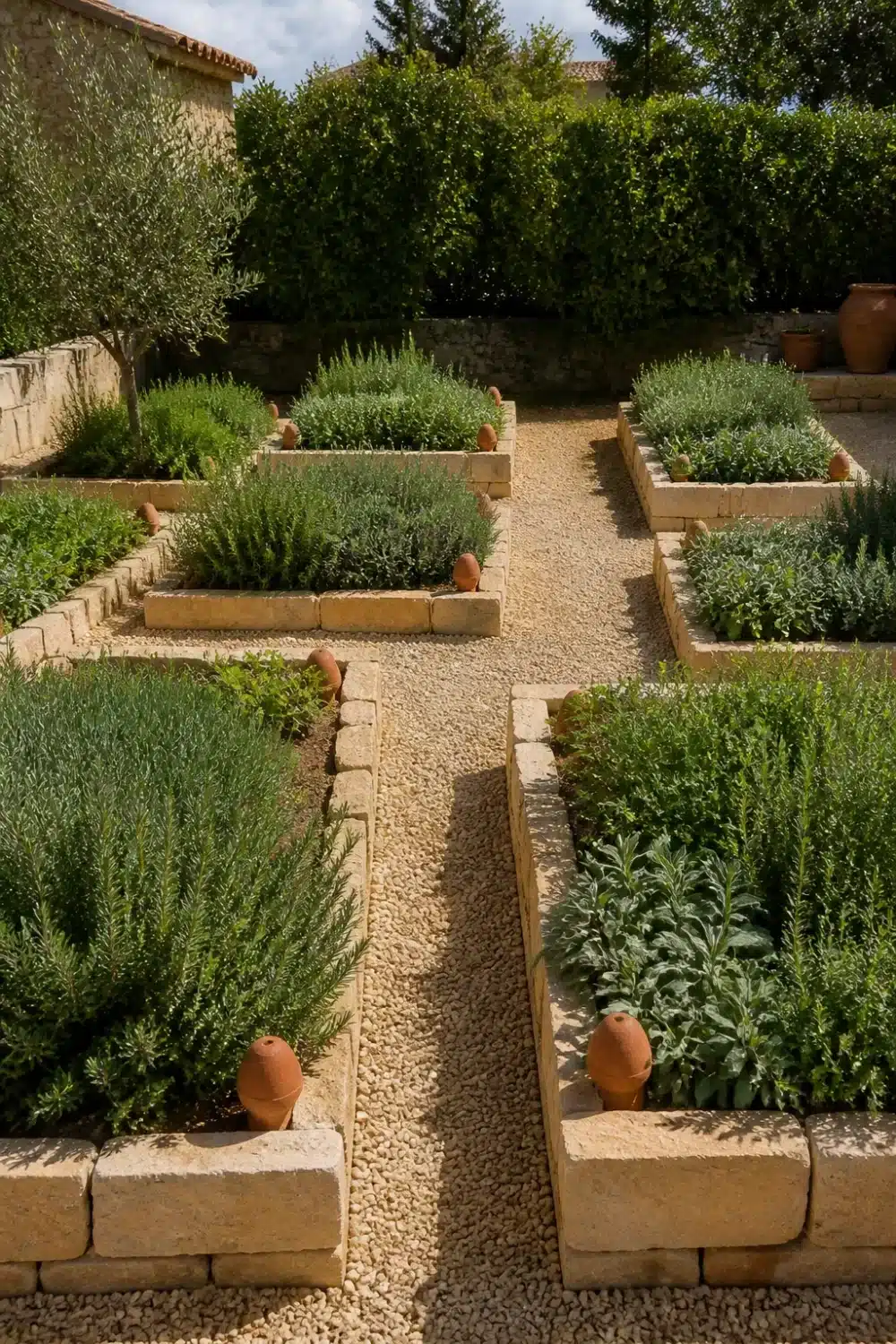 Mediterranean garden design with limestone raised herb beds, gravel paths, and terracotta amphorae in a formal herb garden layout