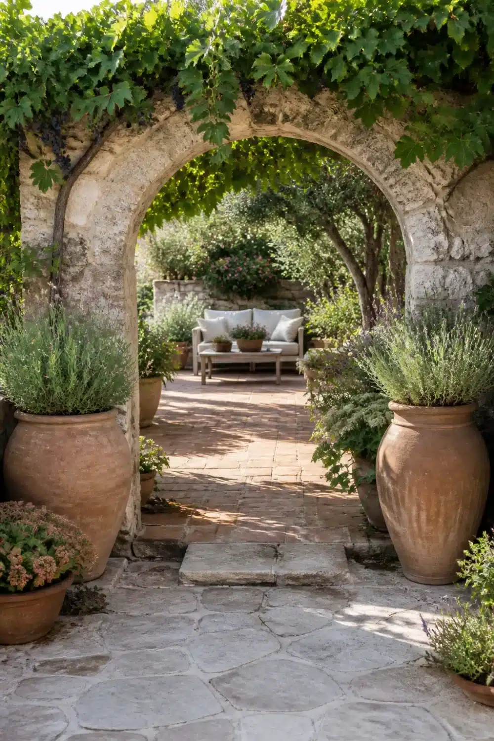 Grapevine-covered limestone arch with terracotta urns and lavender in a Mediterranean Garden Design courtyard