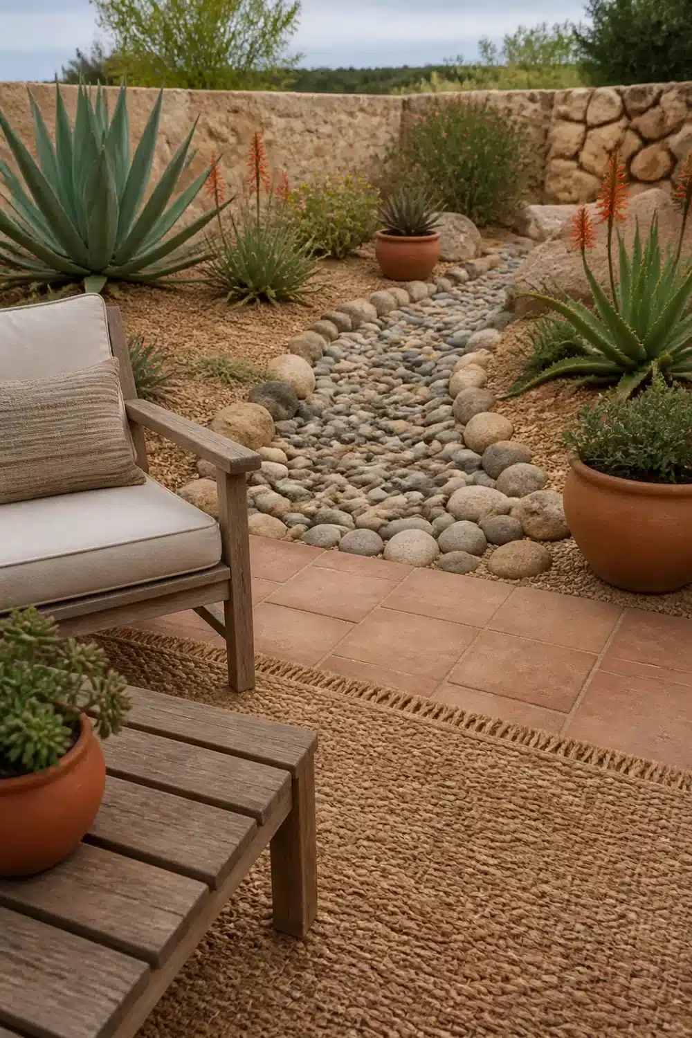 Dry river bed with river rocks, agaves, and terracotta tiles in a Mediterranean garden design