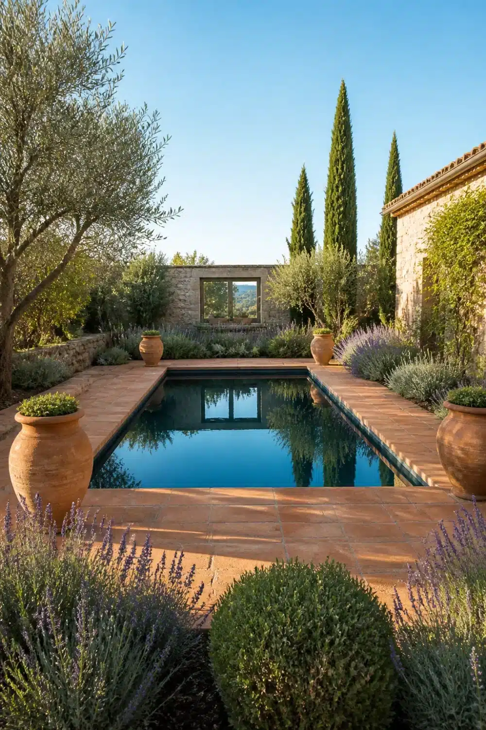 Warm stone pool surround with lavender borders and cypress trees in a Mediterranean garden design.