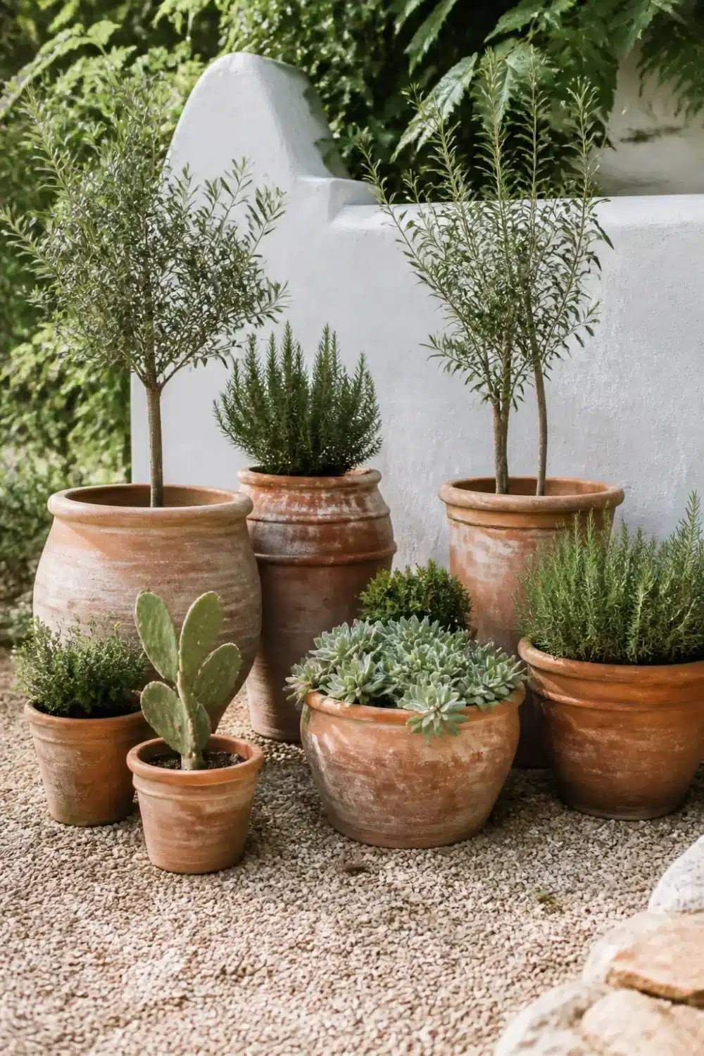 Aged terracotta pot cluster with olive trees, rosemary & succulents on gravel — Mediterranean garden design