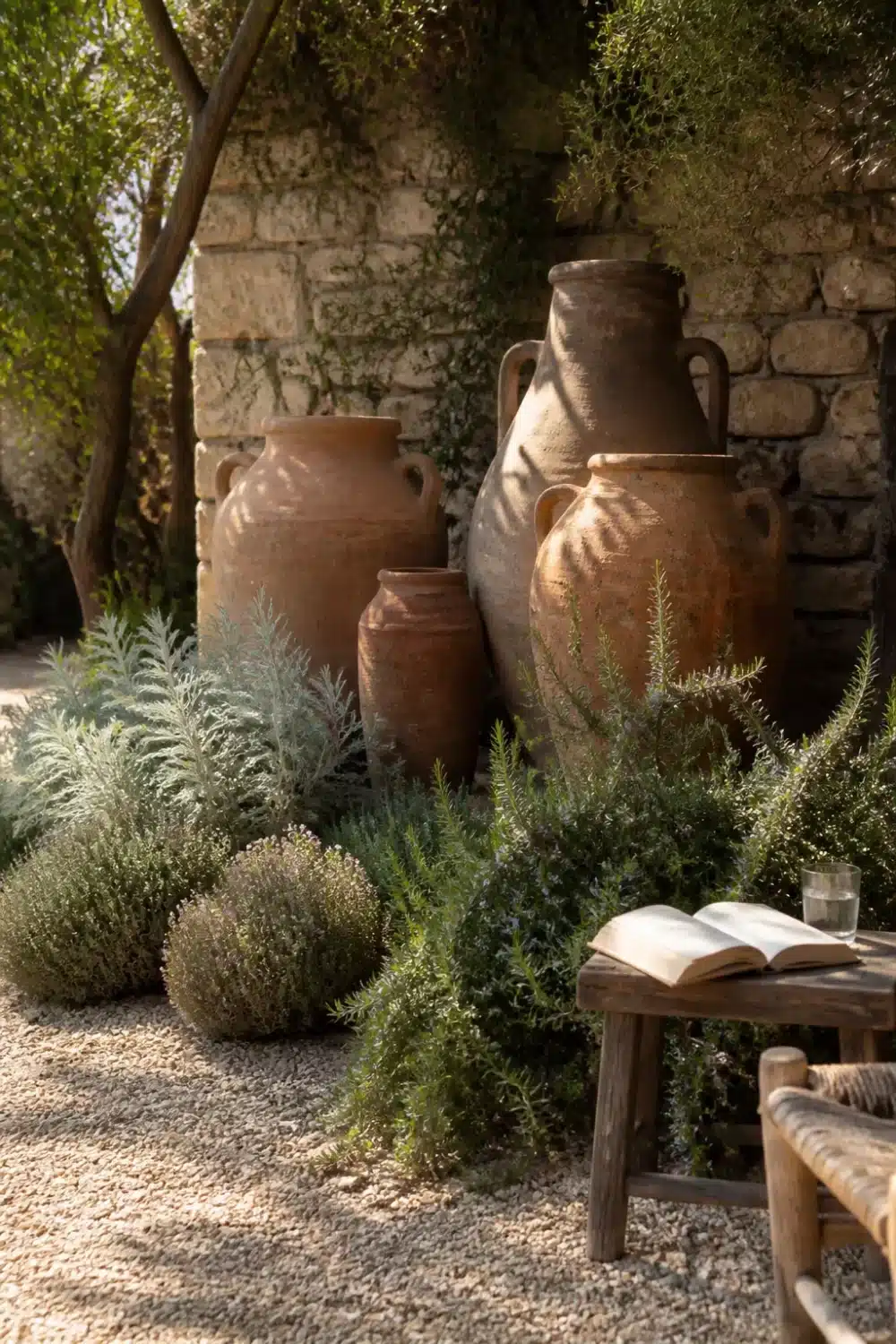 Antique terracotta amphorae grouped against a limestone wall in a Mediterranean garden design with gravel and drought-tolerant herbs.