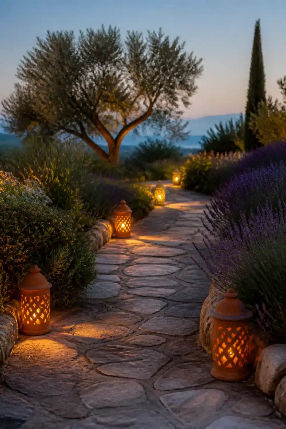 Terracotta lanterns lining a flagstone path through lavender — Mediterranean garden design at dusk