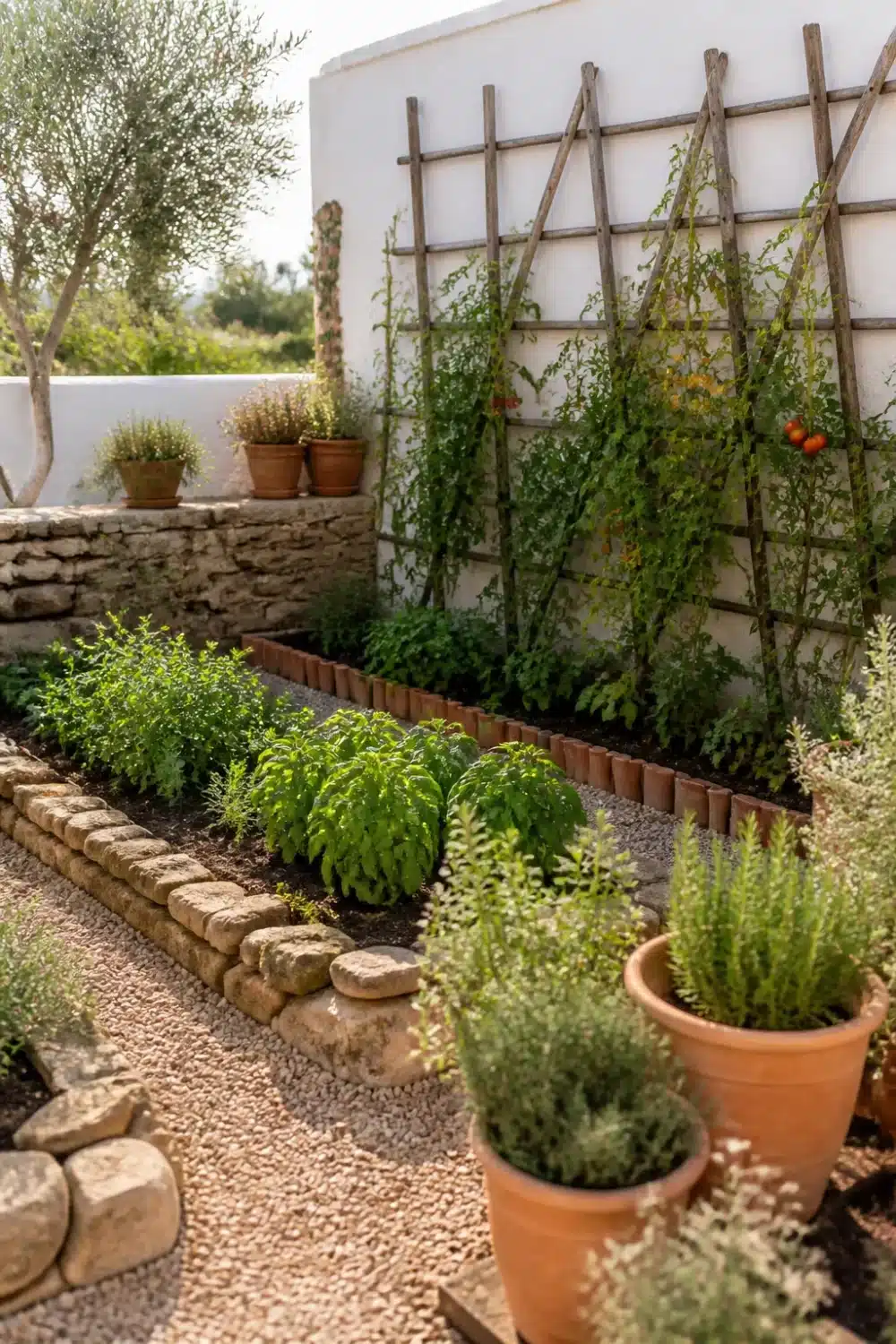 Mediterranean garden design with rustic wood trellis, terracotta pot edging, raised herb beds and gravel path