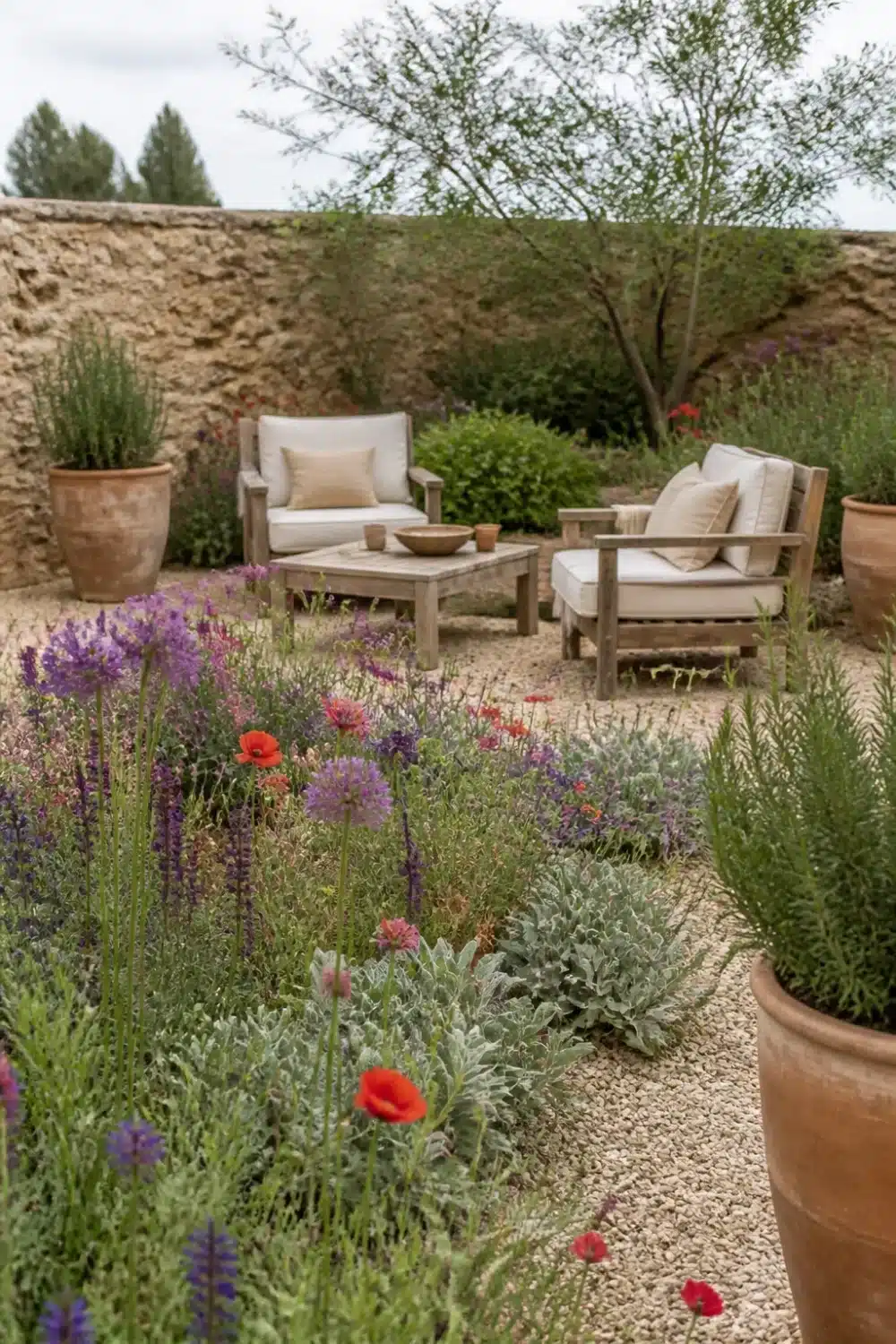 Mediterranean garden design with red poppies, purple alliums, gravel floor, and teak seating against a stone wall.