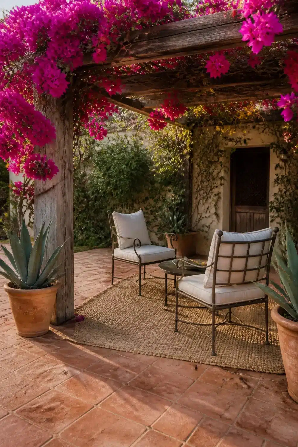 Bougainvillea-draped wood pergola with terracotta tiles and agave pots — Mediterranean Garden Design