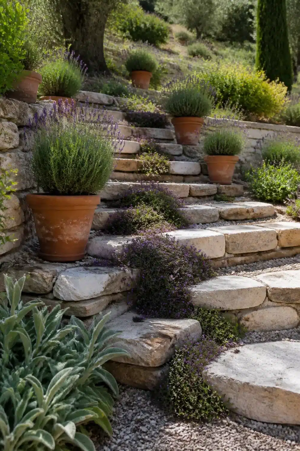 Dry stone terrace steps with creeping thyme and terracotta pots — Mediterranean garden design on a sloped hillside.