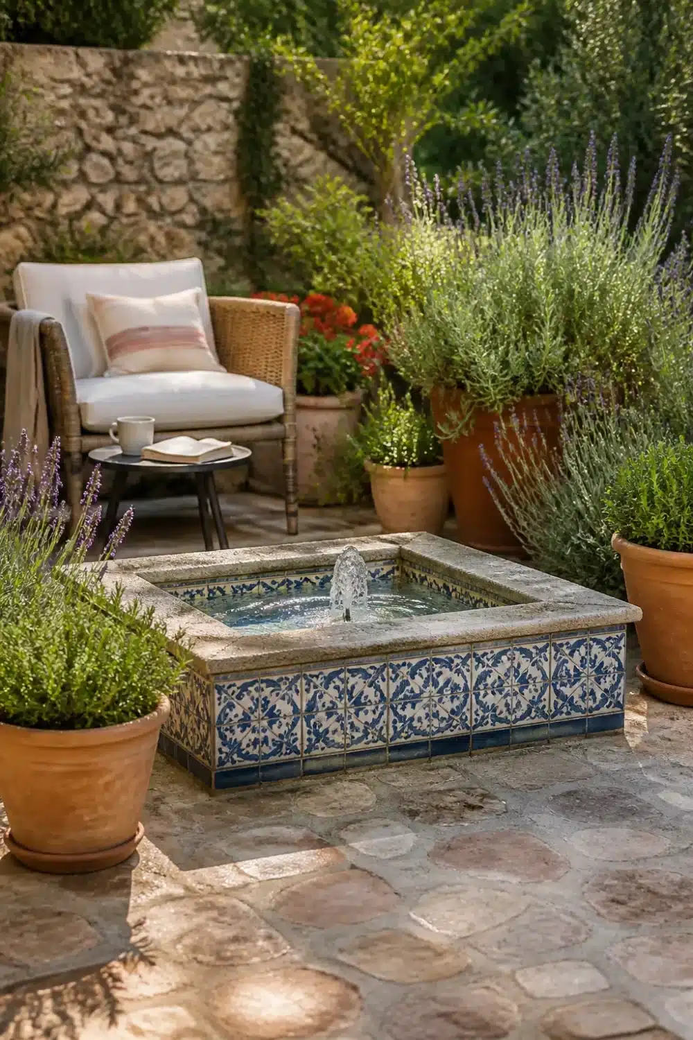Mosaic tiled fountain with blue and white geometric tiles in a Mediterranean garden design with terracotta pots