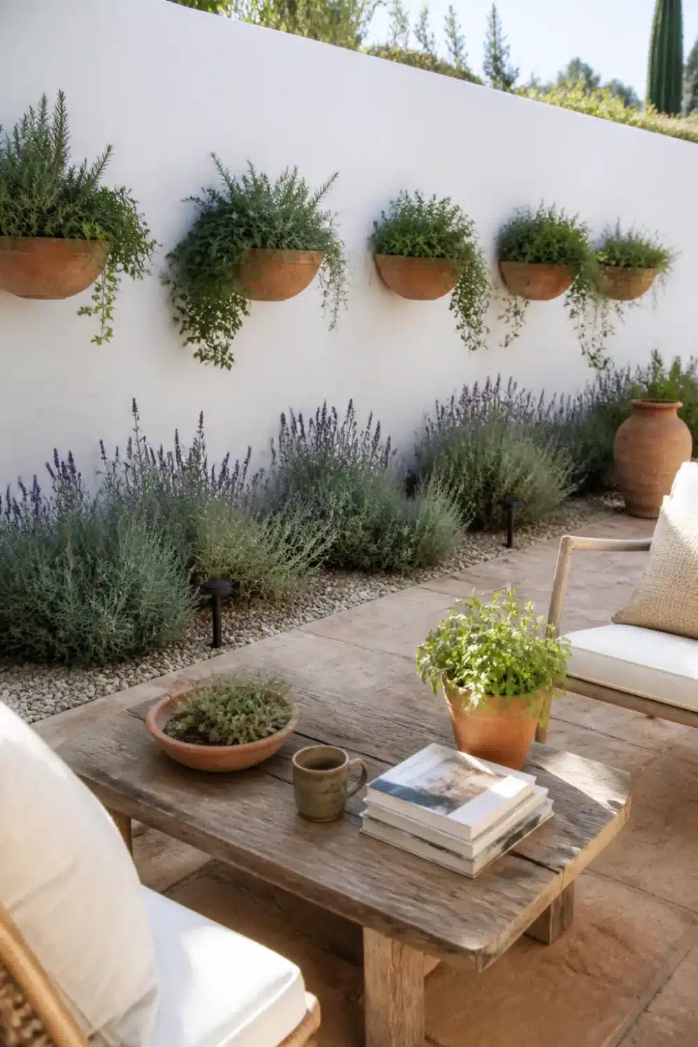 Mediterranean garden design with wall-mounted terracotta bowl planters trailing herbs above a lavender gravel border