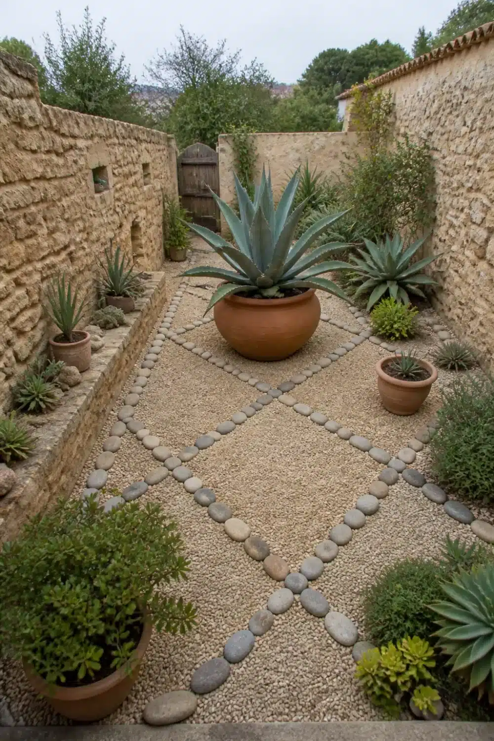 Mediterranean garden design with diamond pebble grid, terracotta agave bowl, and limestone courtyard walls