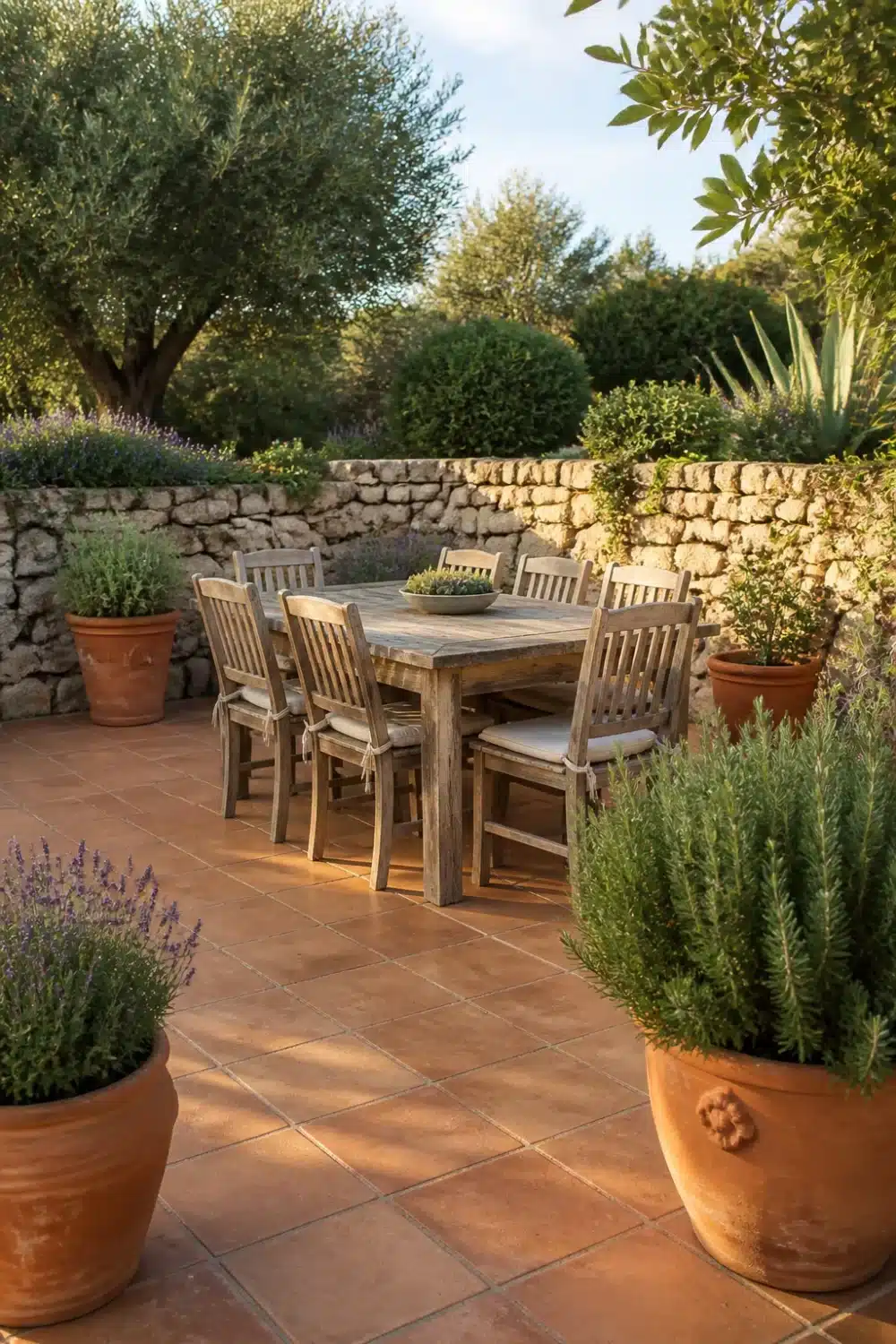 Rustic Mediterranean garden design with weathered teak dining table, stone wall, rosemary pots, and terracotta floor tiles