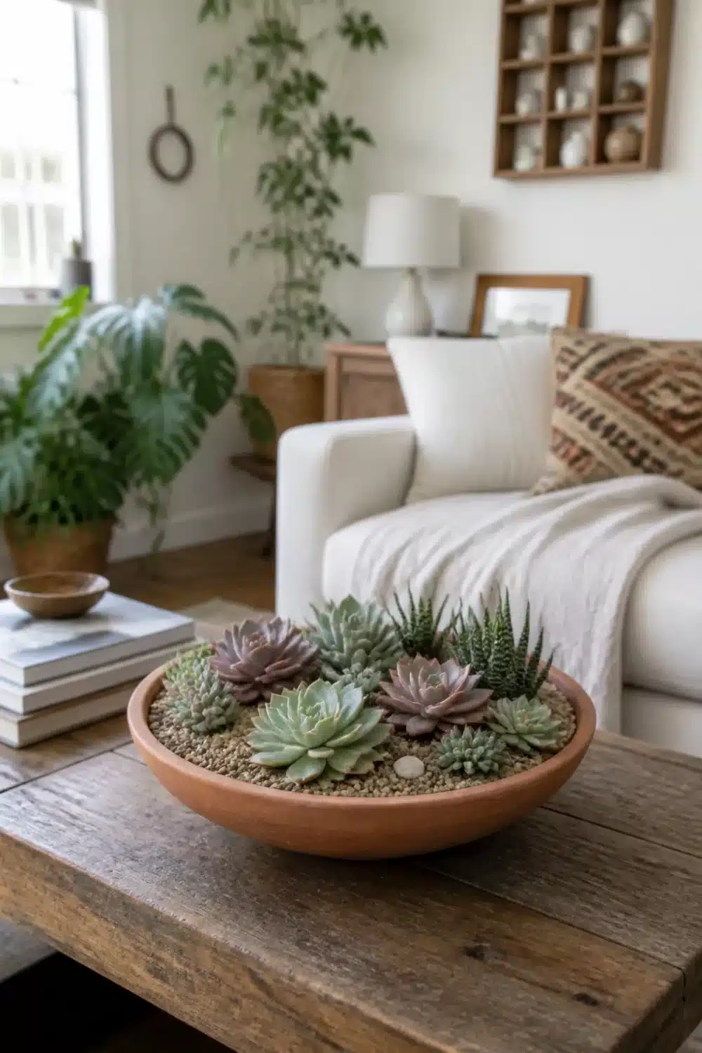 Mini succulent garden in a terracotta bowl filled with pea gravel on a rustic wood coffee table.