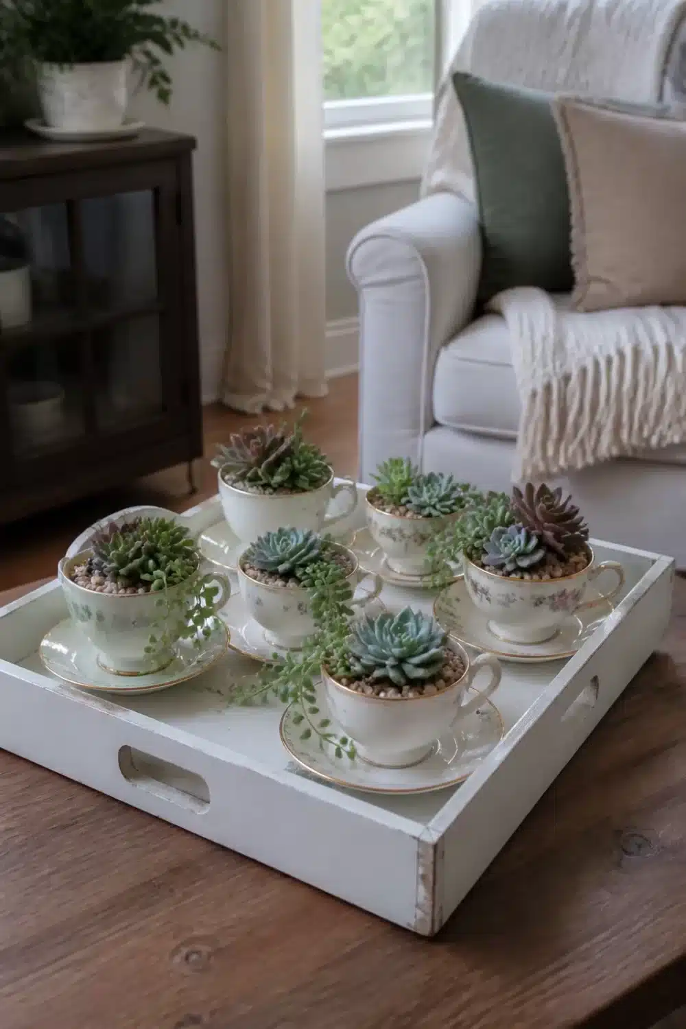 Mini succulent garden in vintage floral teacups on a white wooden tray on a living room coffee table.
