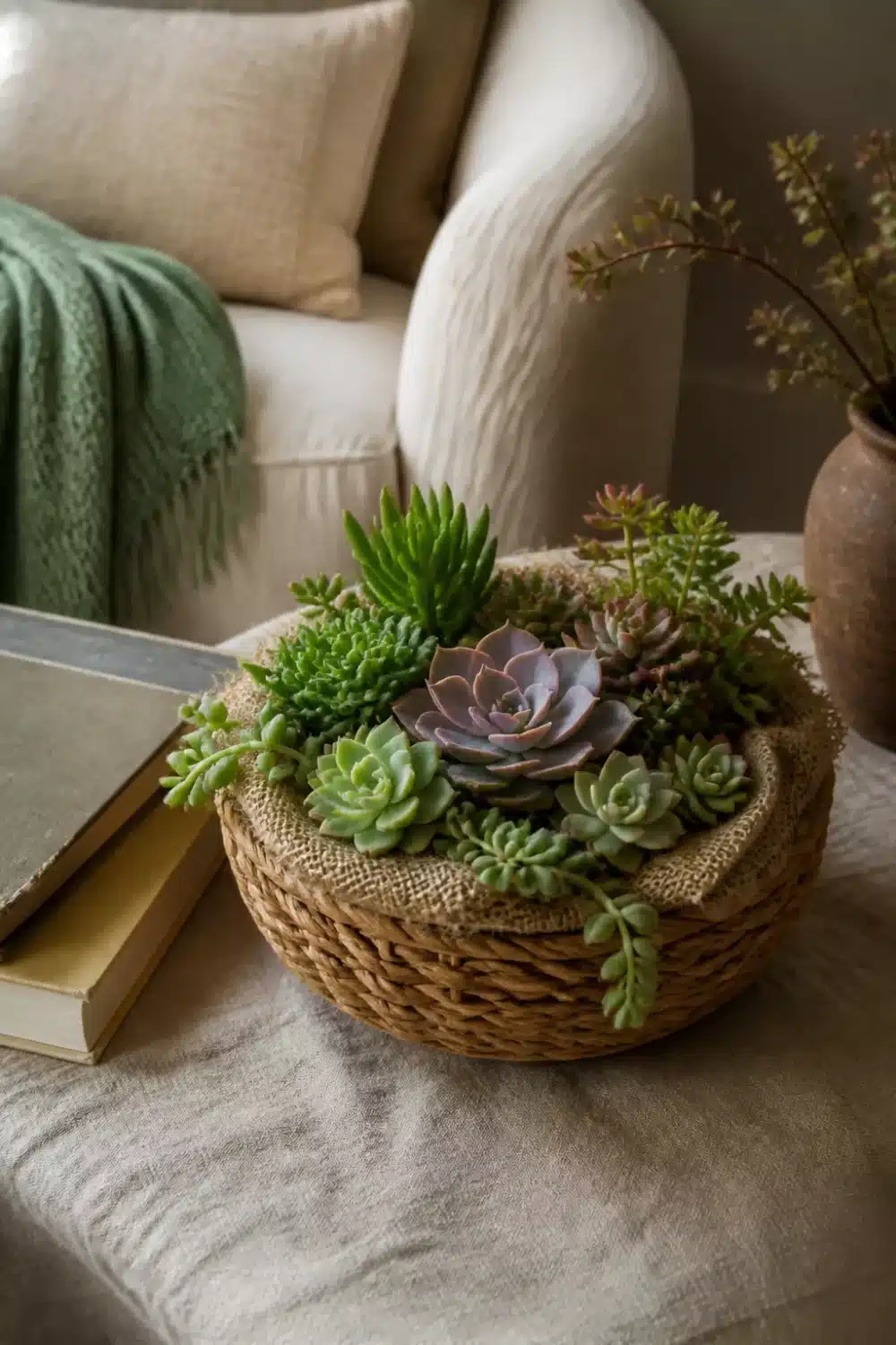 Mini succulent garden in a woven seagrass basket with burlap liner, mixed rosette and spike varieties on a linen ottoman.