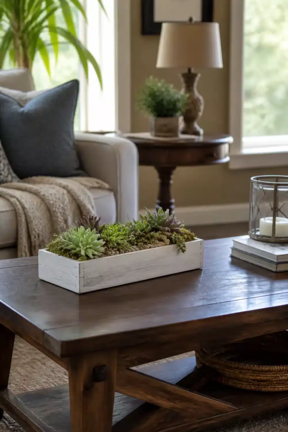 Mini succulent garden in a whitewashed wood box with moss accents on a dark wood coffee table.