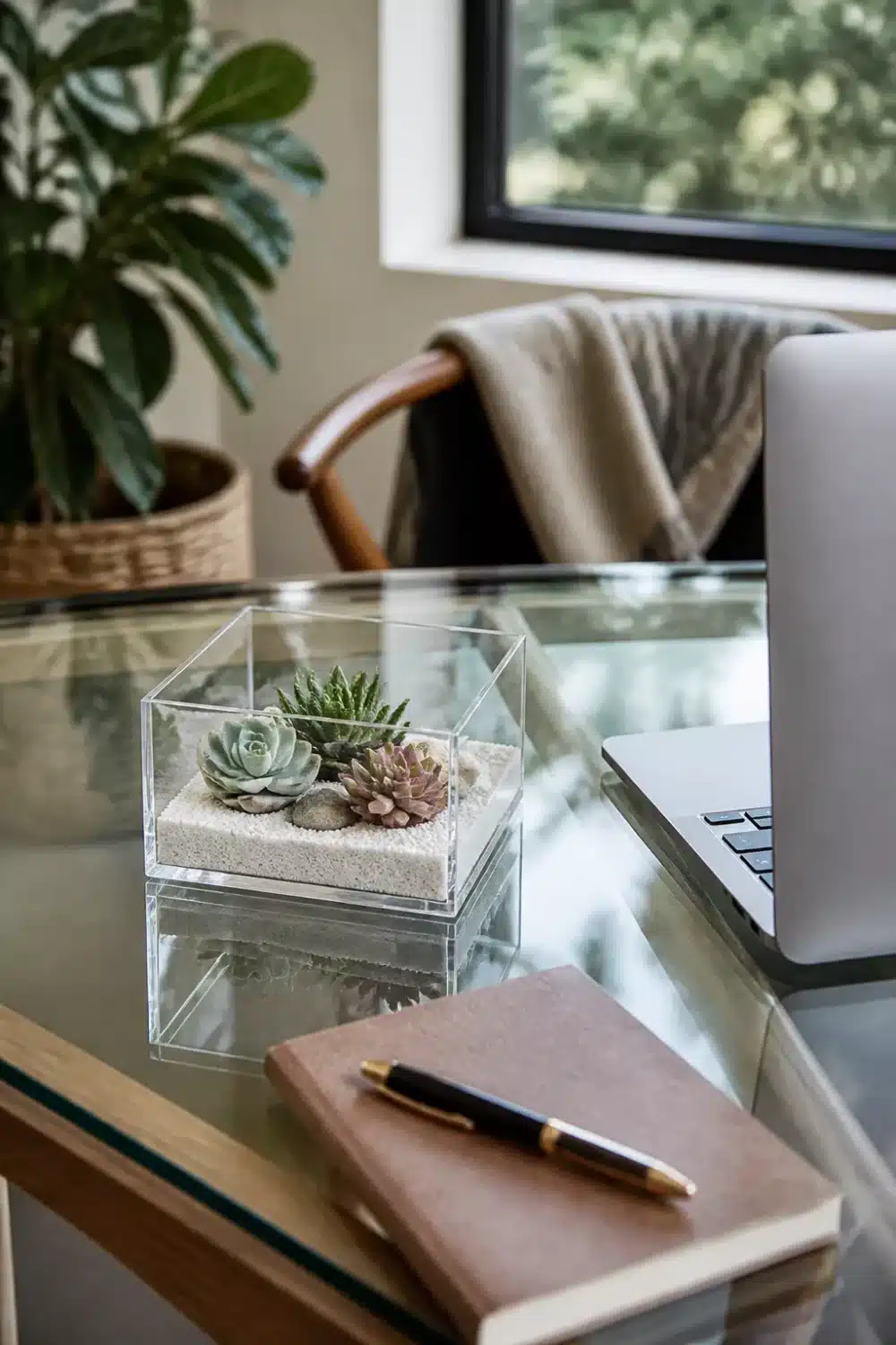 Mini succulent garden in a clear acrylic box with white sand on a glass desk