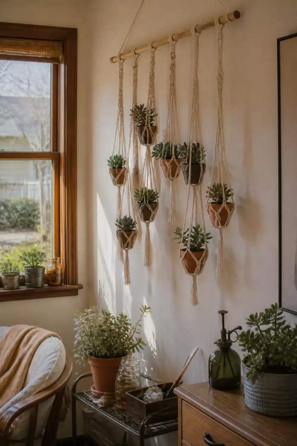 Mini succulent garden in macramé rope hangers on a wooden dowel rod mounted on a warm white wall.