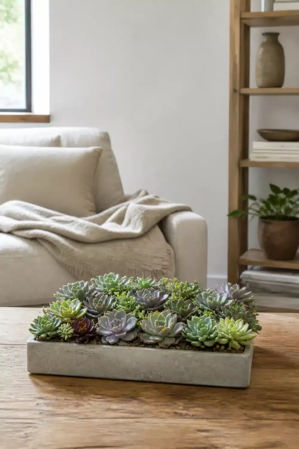 Mini succulent garden in a low gray concrete tray with mixed rosette varieties on a wood coffee table.