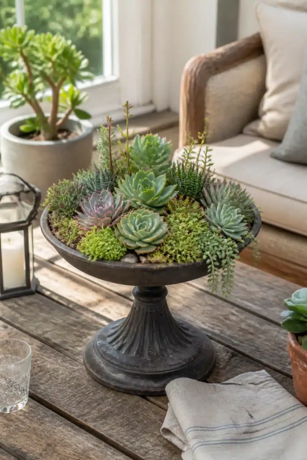 Mini succulent garden planted in an aged ornate pedestal bowl with mixed rosettes and trailing succulents on a wooden table.