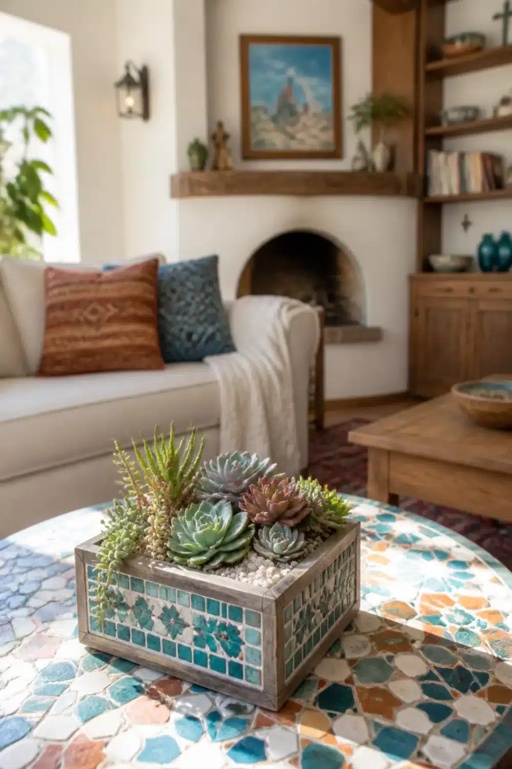 Mini succulent garden in a teal mosaic tile planter box on a colorful round mosaic coffee table.