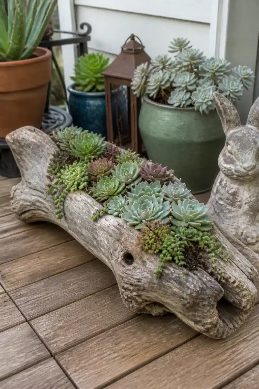 Mini succulent garden planted in a hollowed driftwood log on a wooden deck with mixed rosette varieties.