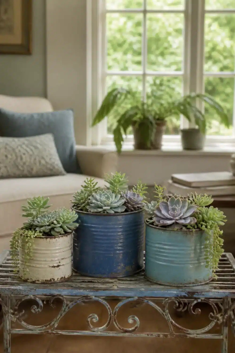 Mini succulent garden in three rusty painted tin canisters on a scrolled iron coffee table indoors