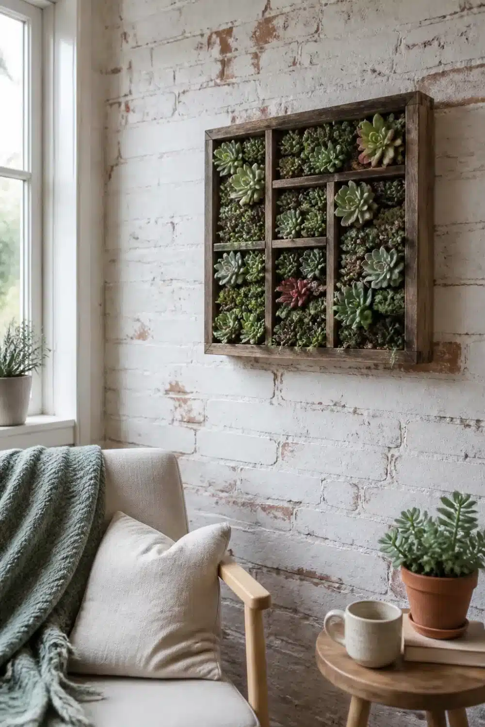 Reclaimed wood grid frame mini succulent garden wall display with mixed rosette succulents on whitewashed brick