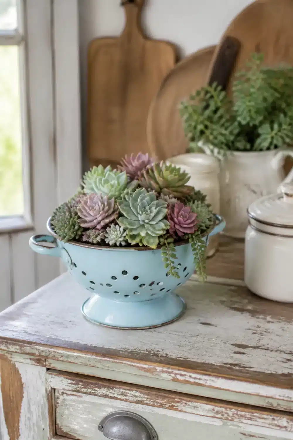Mini succulent garden planted in a pale blue vintage enamel colander on a rustic distressed dresser.