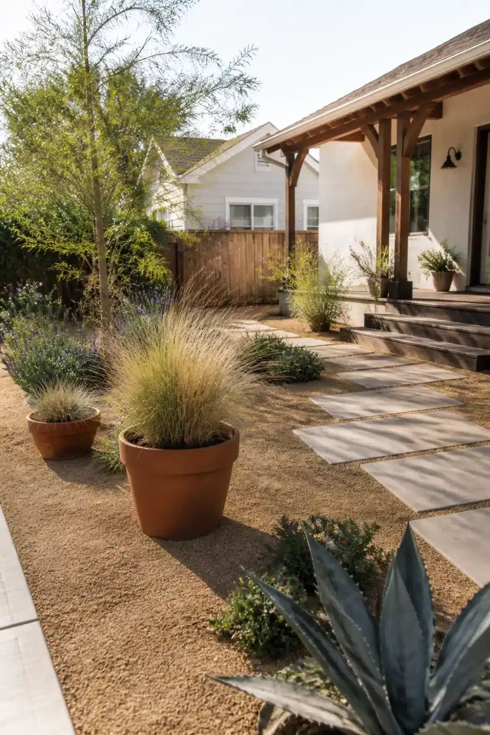 No grass front yard landscaping with decomposed granite, terracotta pots, ornamental grasses, and concrete pavers.