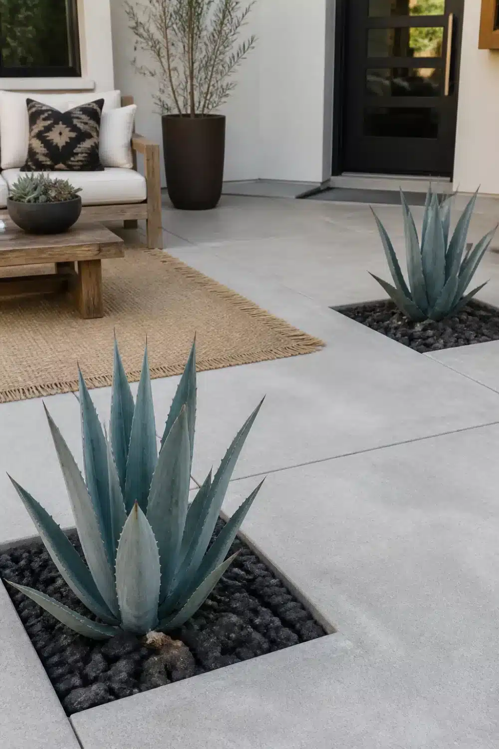 No grass front yard landscaping with gray concrete paving, agave cutouts, and black lava rock accents