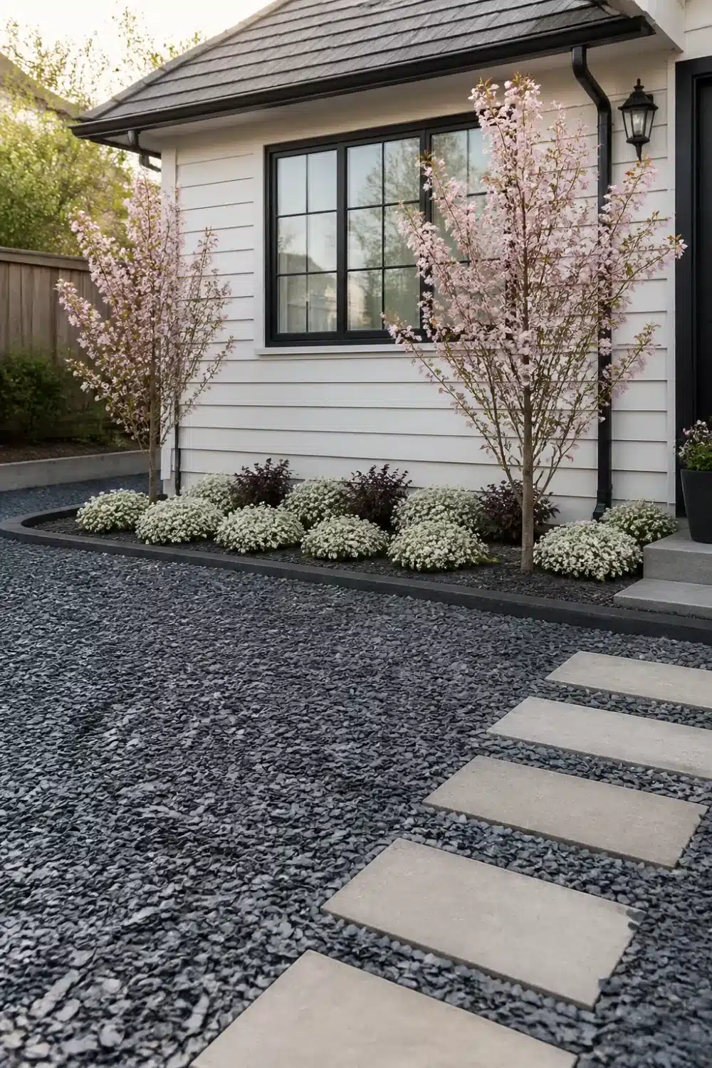 No grass front yard landscaping with dark slate chip, stepping stone pavers, and flowering cherry trees.
