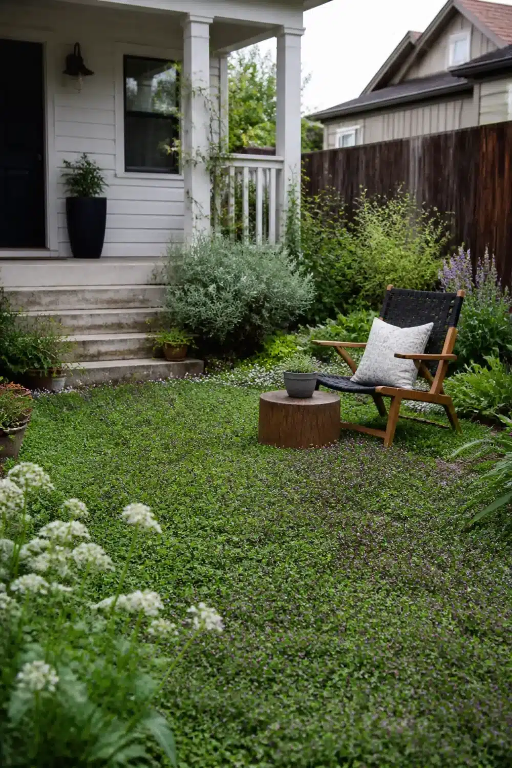 No grass front yard landscaping with creeping ground cover lawn, teak lounge chair, and layered perennial borders
