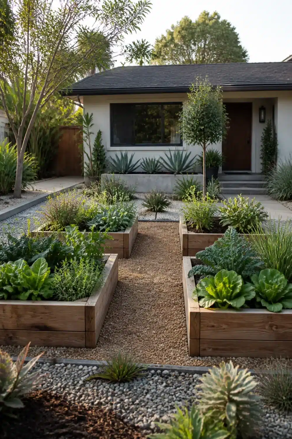 No grass front yard landscaping with cedar raised vegetable beds, gravel paths, and agave plants.