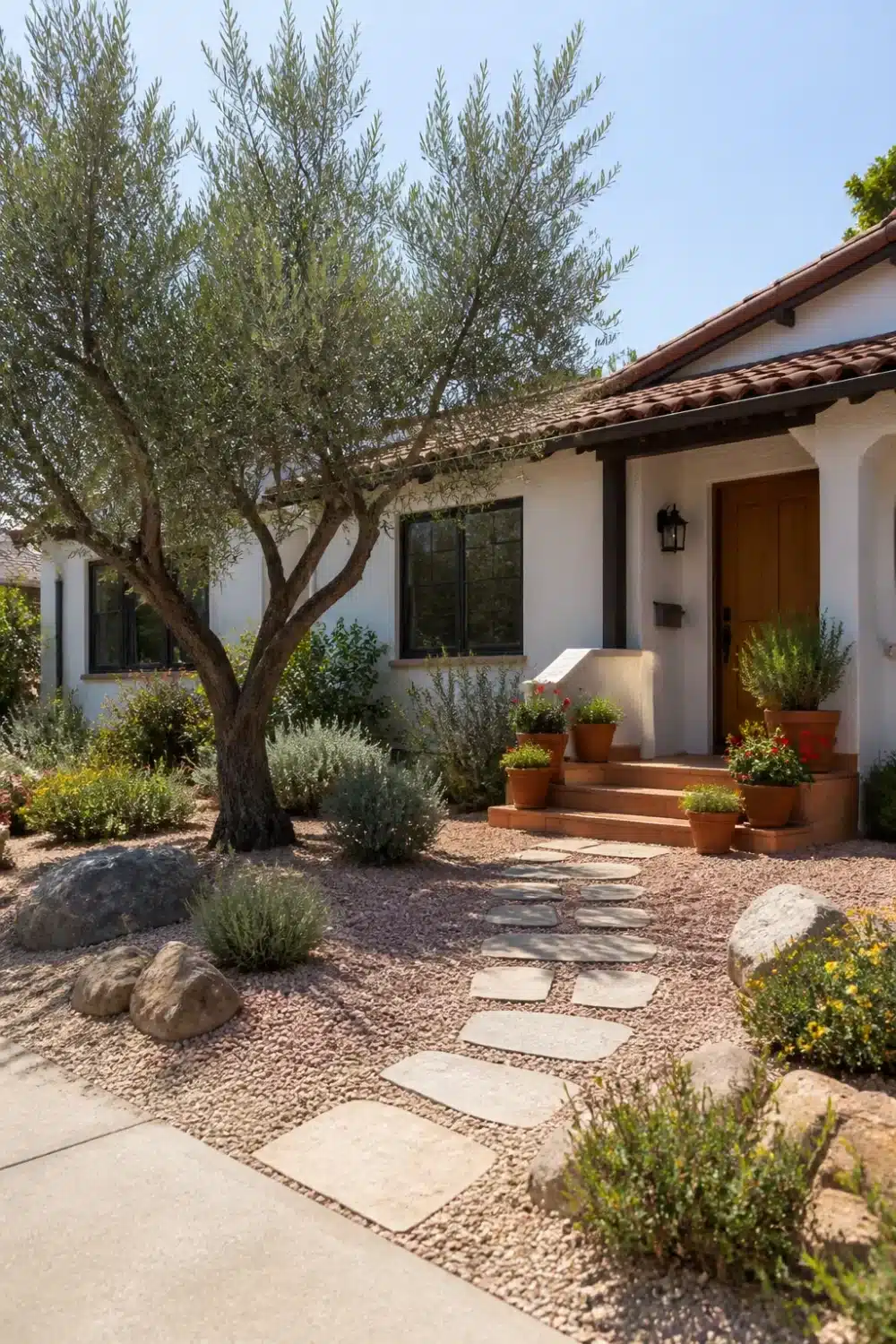 No grass front yard landscaping with olive tree, crushed gravel, flagstone path and terracotta pots on entry steps