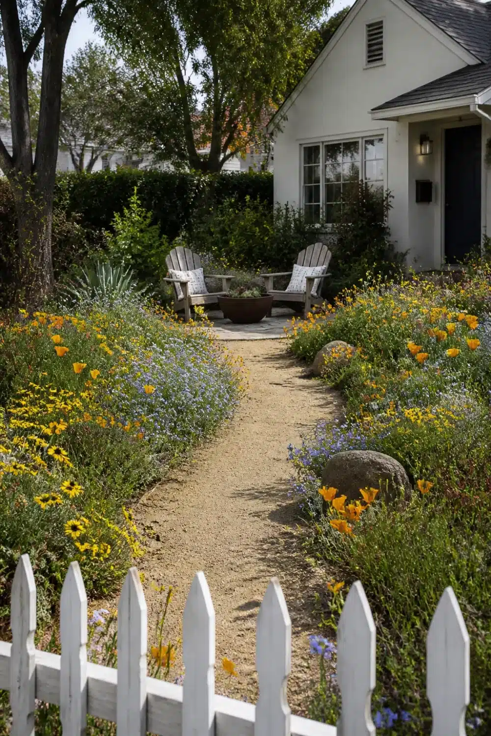 No grass front yard landscaping with gravel path through California wildflower meadow, poppies, and Adirondack chairs