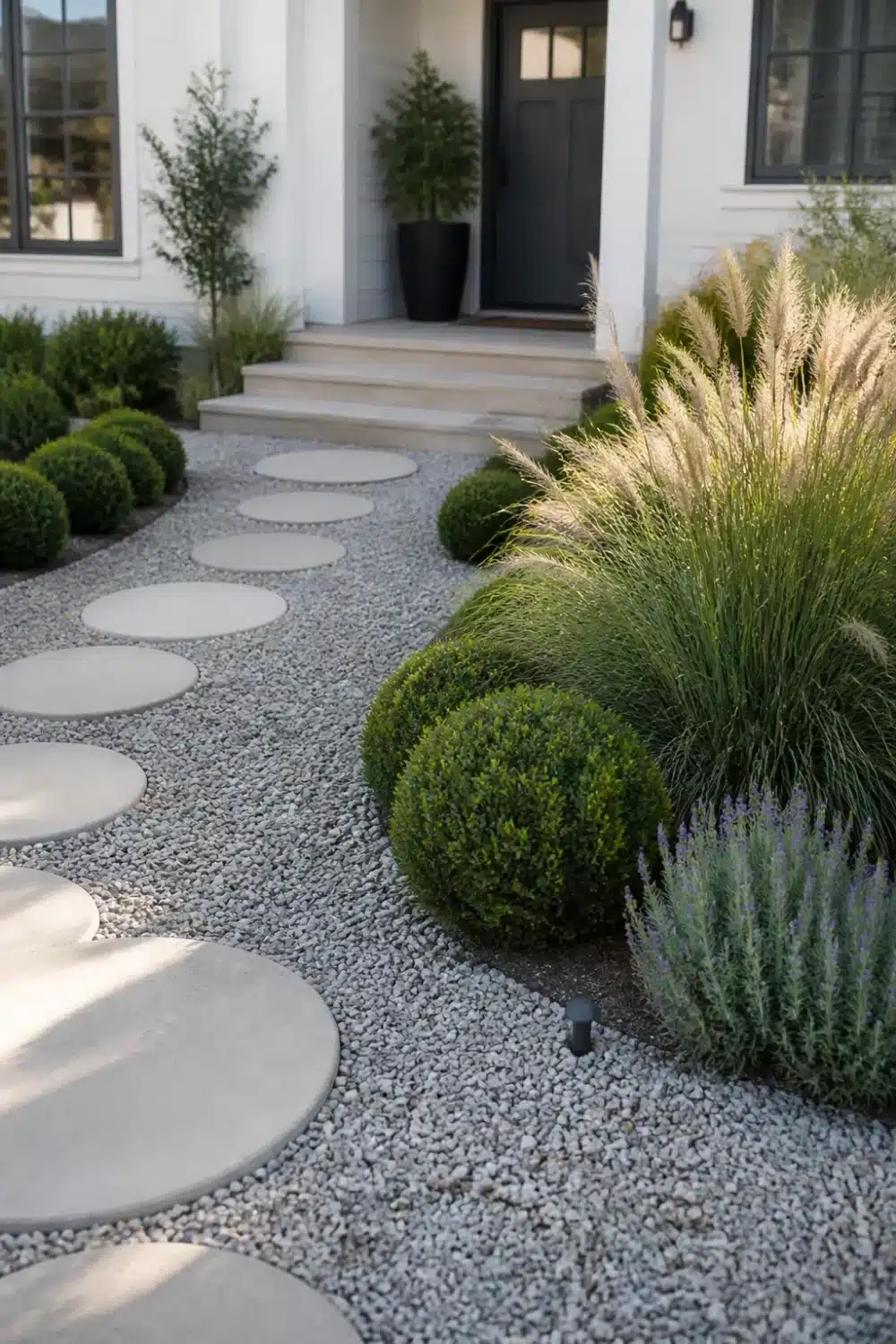 No grass front yard landscaping with round concrete stepping discs, gravel, clipped boxwood spheres, and ornamental grass.