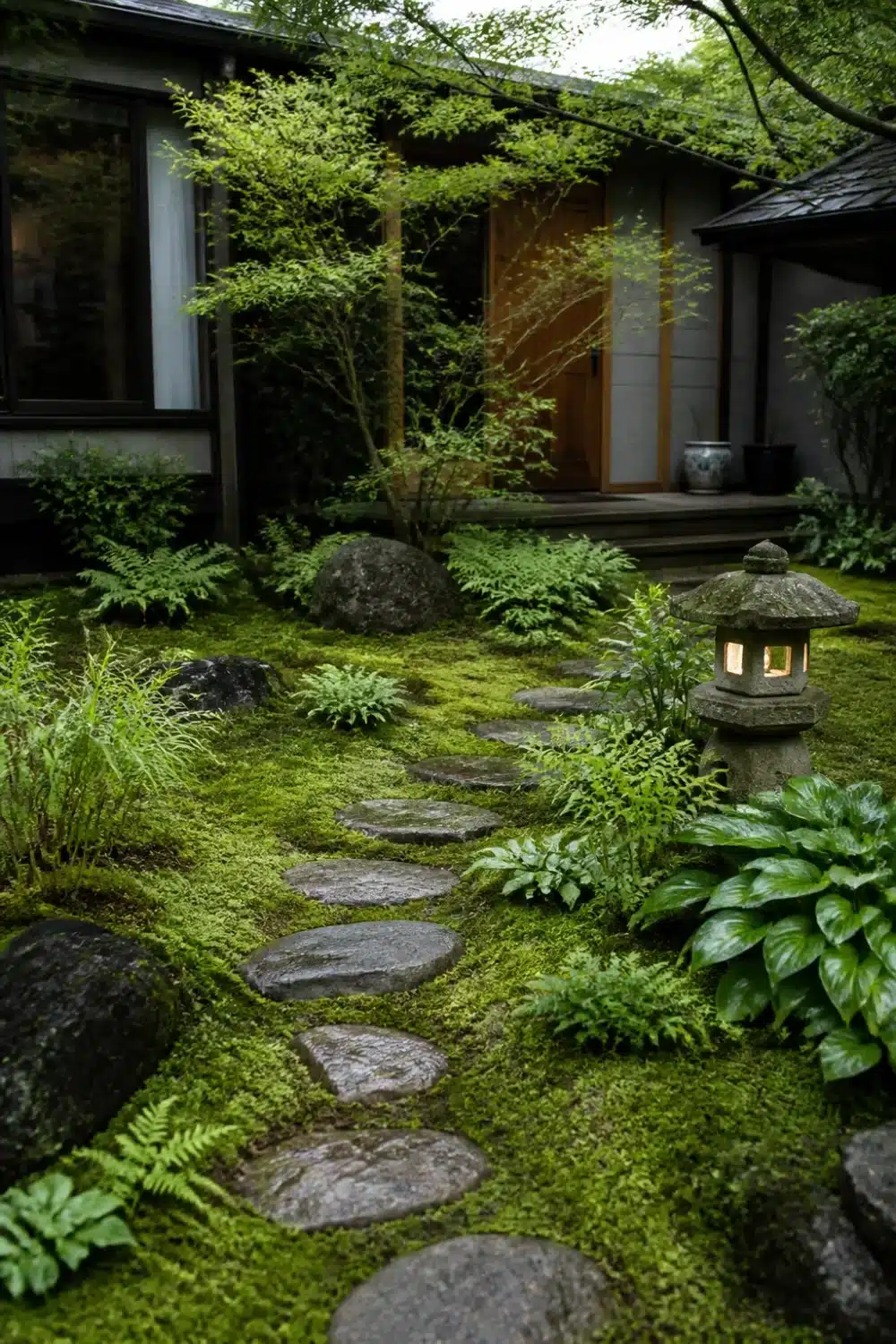 No grass front yard landscaping with moss ground cover, stepping stone path, and glowing stone lantern