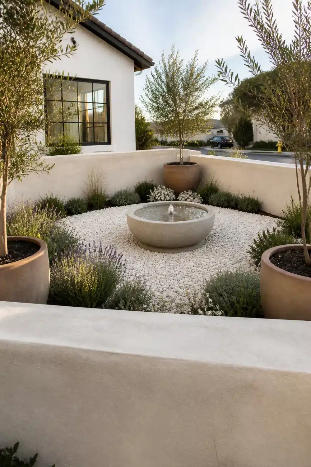 No grass front yard landscaping with white pebble courtyard, bowl fountain, lavender, and olive trees in terracotta pots