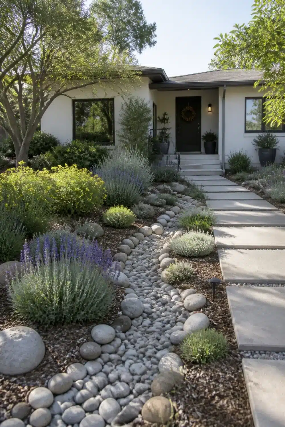 No grass front yard landscaping with a river rock dry creek bed, lavender plantings, and concrete paver walkway