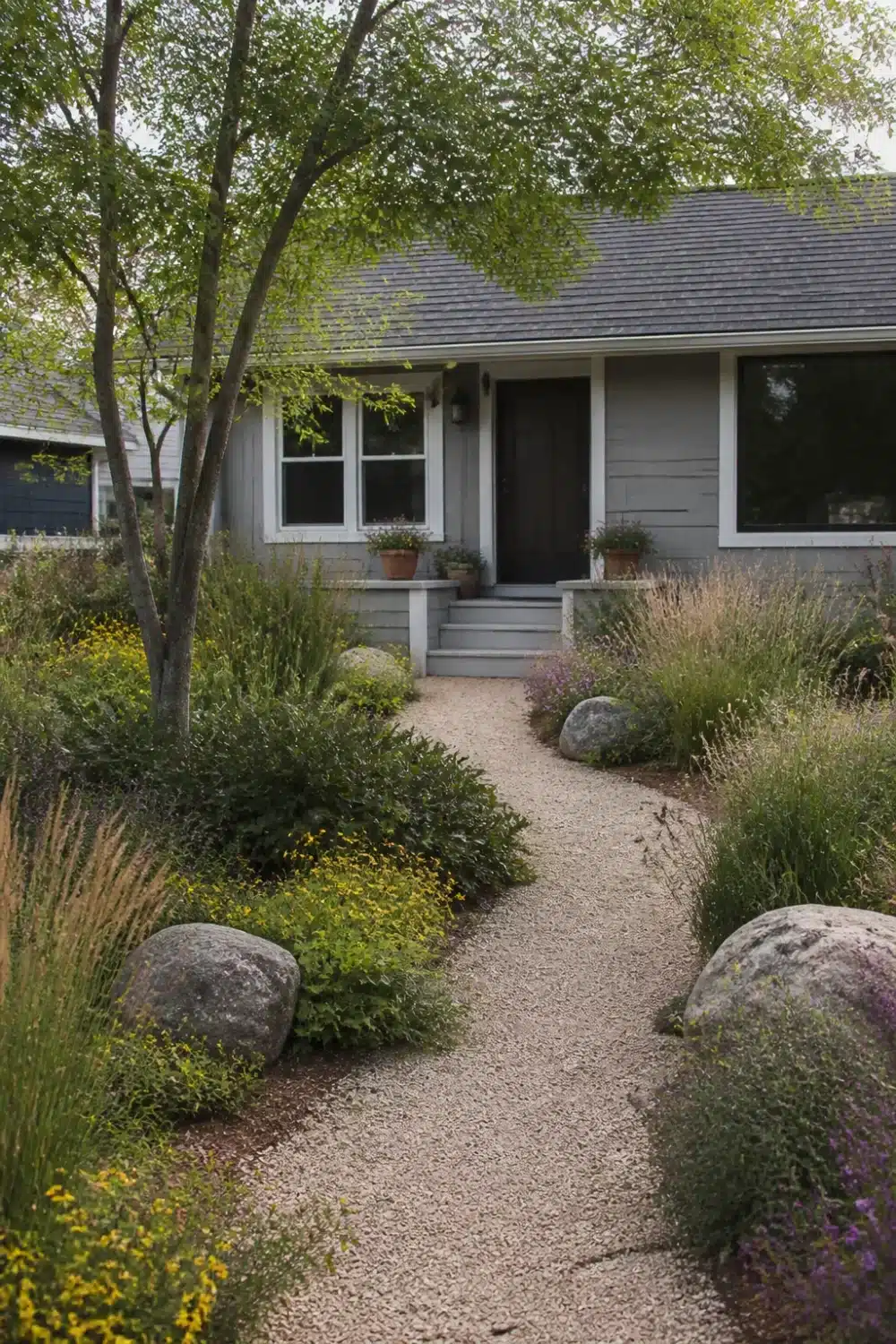 No grass front yard landscaping with gravel path, ornamental native grasses, boulders, and perennial plantings.