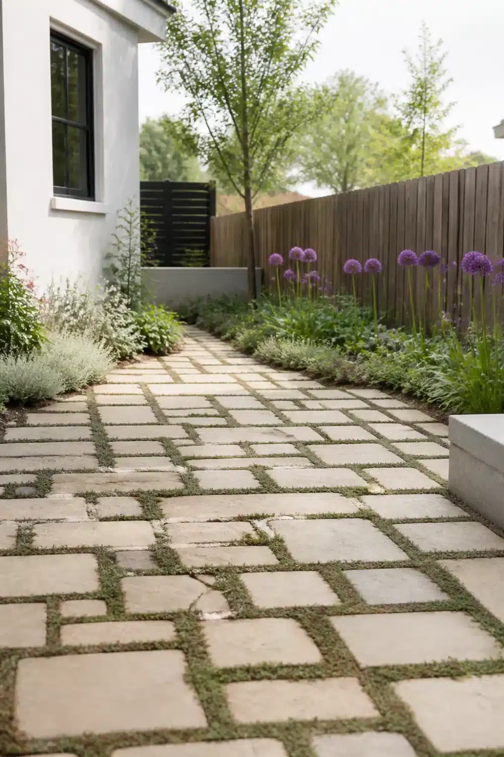 No grass front yard landscaping with square stone pavers, creeping thyme joints, and purple allium border along wood fence.